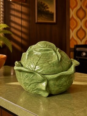 Vintage 60s 70s Holland Mold Mid-Century Green Ceramic Cabbage Ware Bowl W/ Lid